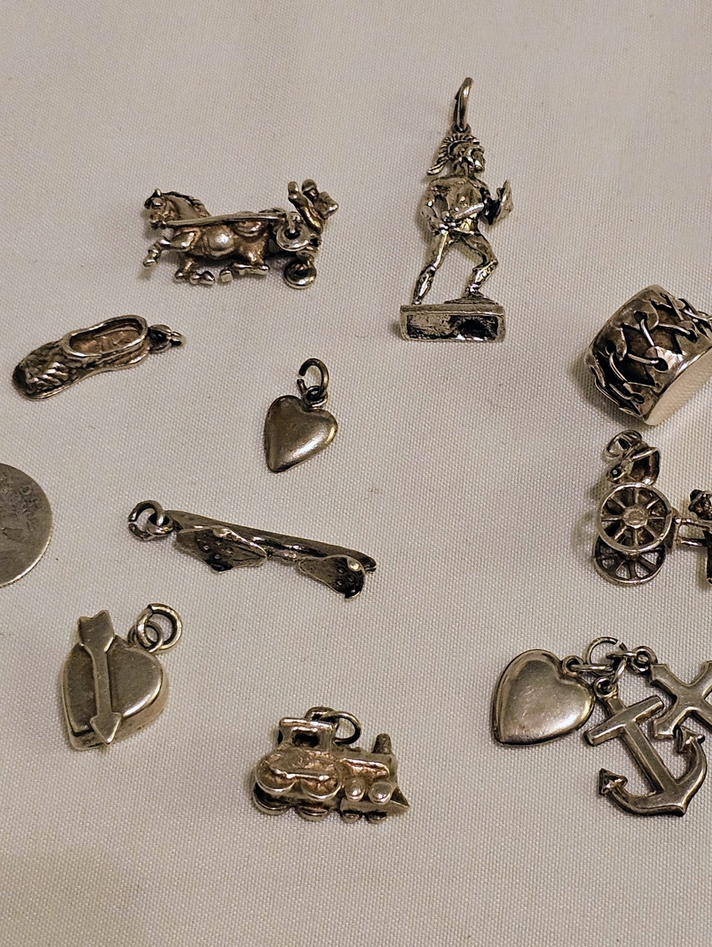 Vintage Sterling Silver Charm Lot Of 10 Capped Bust 1829 Coin Train Heart